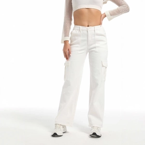 Women's white high waist cargo pants with straight leg fit and side flap pockets