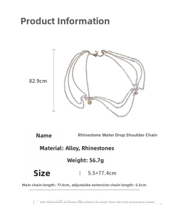 Detailed size chart for layered rhinestone waterdrop shoulder chain with 77.4cm length