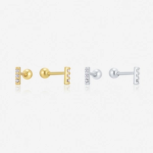925 Sterling Silver 14K Gold Plated Zirconia Linear Bar Stud Earrings Minimalist Ball Back Geometric Earrings For Women
