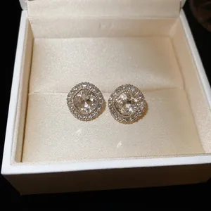 French style halo stud earrings with square cubic zirconia and sparkling gold base
