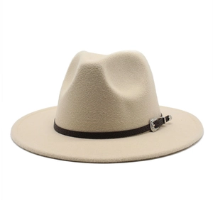 Close-up of beige wool fedora hat with brown leather band and silver carved buckle