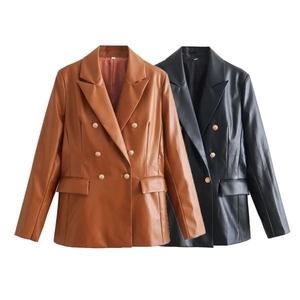 Classic double-breasted faux leather blazer for women in black and brown finishes