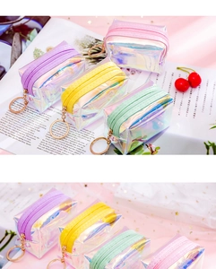 Macro shot of colorful laser TPU coin purses with golden zippers and round keychains