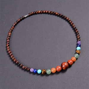 Detailed view of bohemian red tiger eye beaded necklace with colorful gemstone accents