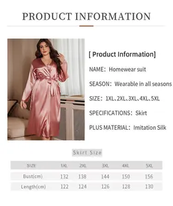 Detailed size guide for silk V-neck bathrobe ranging from 1XL to 5XL plus size
