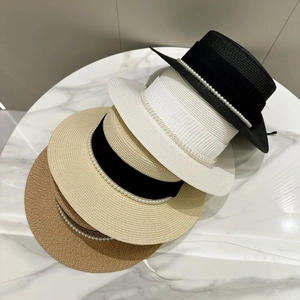 Elegant flat top straw boater hats with pearl ribbon in black, beige, white and brown