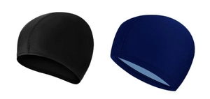 Detailed view of elastic swim caps in black and navy blue colors with plain design