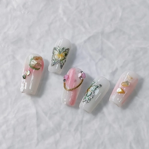 5D stereoscopic butterfly nail stickers with pink gradient design and metal chain accents