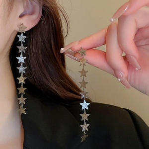Chic silver metallic star tassel drop earrings with long hanging chain for women