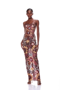 Detail of sequin floral embroidery on brown mesh for this elegant tube maxi dress
