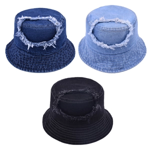 Three-piece set of distressed denim bucket hats in dark blue, light blue, and black shades