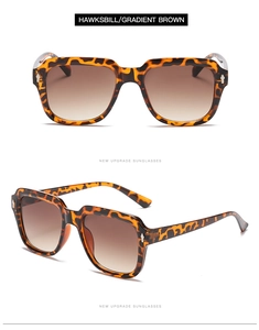Detail view of square tortoiseshell sunglasses frame with gradient brown lenses