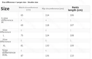 Guía de tallas con medidas de cintura, cadera y largo para pantalones de pierna ancha