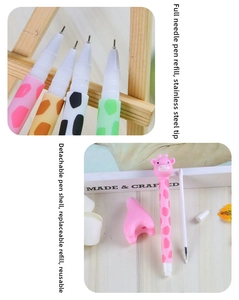 Detail of giraffe gel pens showing stainless steel tips and refillable pen structure