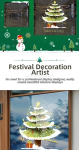 Details von grünen Weihnachtsbaum-Fensteraufklebern mit Schneeflocken und Schneemann-Motiven