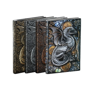 Retro 3D dragon embossed notebooks in bronze silver and copper colors on white background