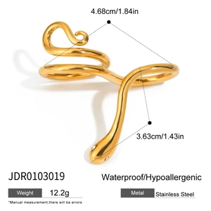 Detail view of 18K gold plated stainless steel snake ring with size measurements