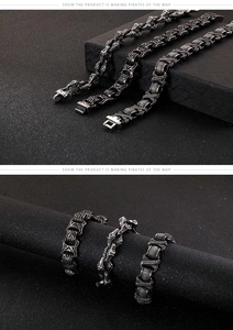 Detail view of gothic style men's stainless steel bracelets with punk textures