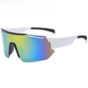 Detail view of white sports sunglasses with colorful gradient lenses and non-slip pads