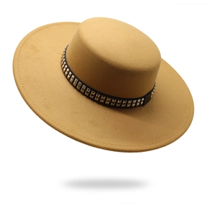 Close-up of khaki wool boater hat with black studded leather band detail