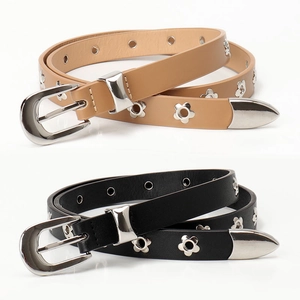 Western style faux leather belts in black and tan with silver floral eyelets and carved buckle