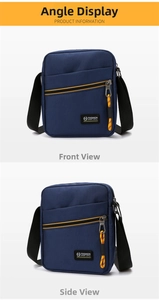 Detail of dark blue casual crossbody bag with yellow zipper cords and sport logo tag