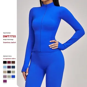 Women Seamless Yoga Jacket Slim Fit Sportswear Windproof Stand Collar Zip Up Running Top With Thumbholes