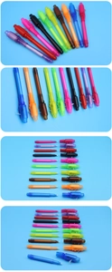 Detail view of 12 multi-colored invisible ink pens with UV light caps on a blue background