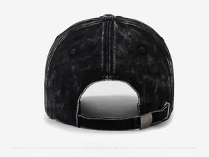 Detailed back view of washed charcoal cotton baseball cap with adjustable metal strap buckle