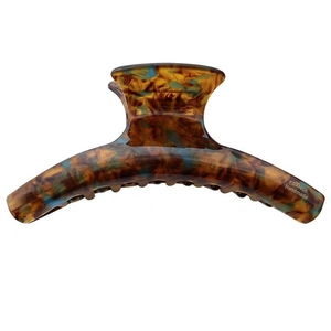 Elegant tortoise shell claw clip with amber and blue-green pattern for chic hair styling