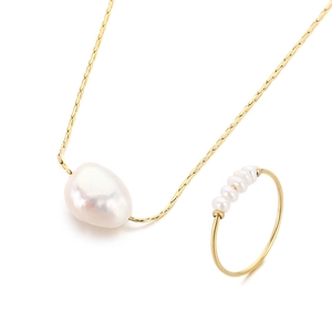 Elegant gold titanium necklace with baroque pearl and minimalist five-pearl thin ring set
