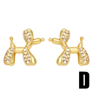 Cute golden balloon dog stud earrings with sparkling white zircons for women
