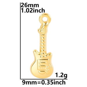 Detailed size specifications for the gold guitar pendant showing dimensions and weight