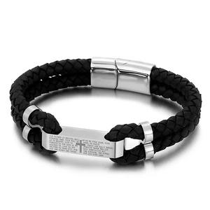 Bracelet en cuir tressé noir avec plaque en acier et gravure de la prière