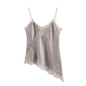 Detail of grey satin camisole featuring delicate lace trim and irregular hem design