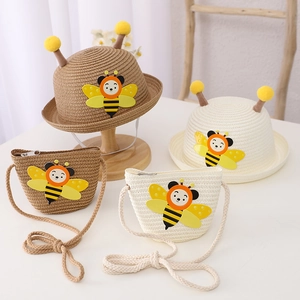 Kids bee straw hat and bag set with cute 3D cartoon appliques and yellow pom-poms