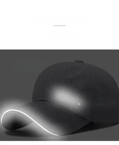 Close-up of reflective logo and breathable mesh fabric on quick-dry baseball cap