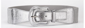 Detail of silver faux leather belt with snakeskin texture and grey elastic strap