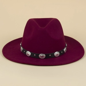 Burgundy wool felt fedora hat with black leather band and silver rivet accents