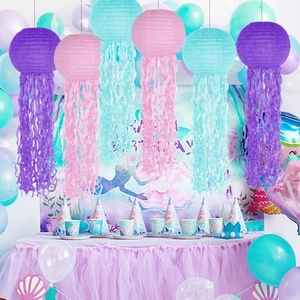 Hanging jellyfish paper lanterns in purple pink blue for mermaid ocean party decor