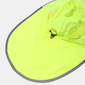 Detail view of high visibility fluorescent safety sun hat with reflective strips and mesh