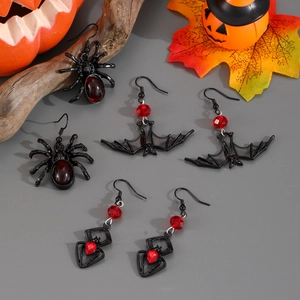 Halloween Gothic earrings with black spiders and bats featuring red crystal beads and alloy frame