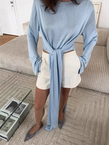 Top In Maglia Donna Cotone Poliestere Maniche Lunghe Girocollo Fiocco Lacci Slim Fit Crop Maglione Streetwear