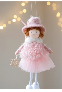 Detail of pink plush angel doll with star pendant and soft tulle skirt ornament