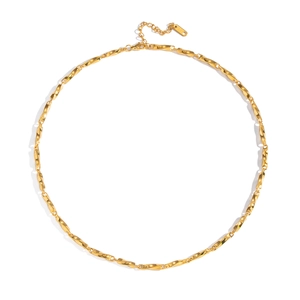 Detail showing gold stainless steel chain necklace with S.STEEL engraving on clasp