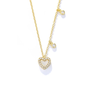 Golden S925 sterling silver hollow heart necklace with white zircon pavé and round charms