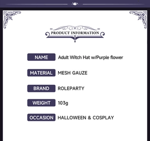 Spécifications du chapeau de sorcière avec fleur violette et gaze pour Halloween