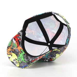 Detail view of children's dinosaur baseball cap with inner lining and adjustable strap