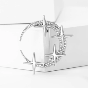 Silver crescent moon and star brooch pin with sparkling rhinestones for women's suits