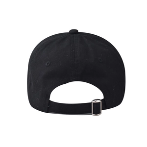 Rear view of black washed cotton baseball cap with adjustable silver metal buckle